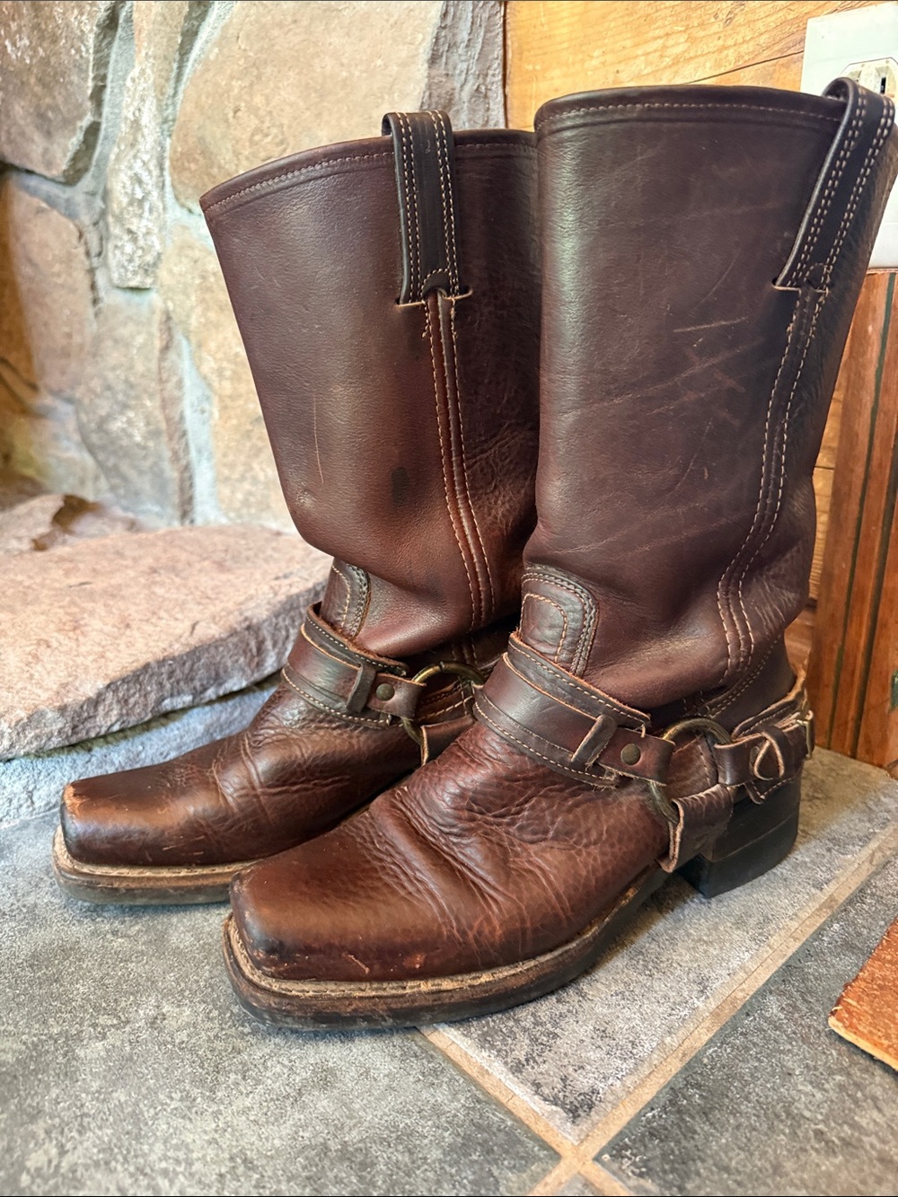 Frye Women Brown Leather Harness Boots, Size 7.5b